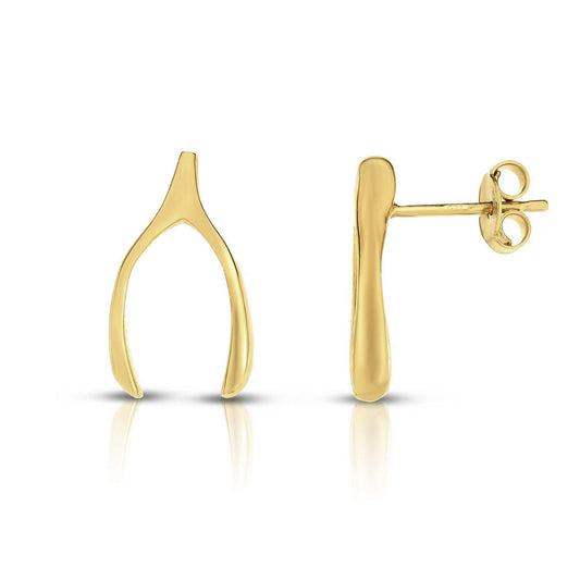 14K Yellow Gold Shiny Wishbone Push Back Stud Earrings