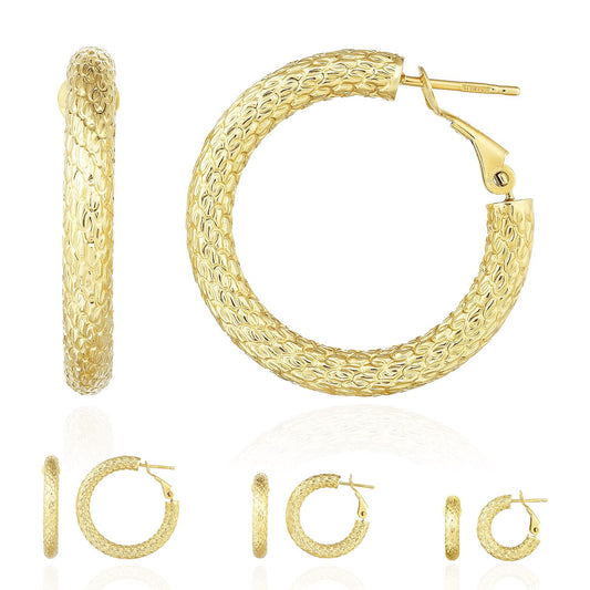 14K Yellow Gold 4mm Textured Omega Snap Hoop Earrings 18mm 24mm 29mm