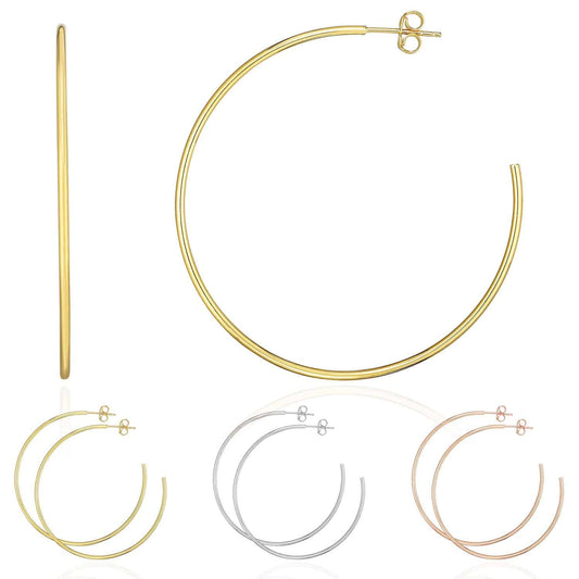 14K Yellow White Rose Gold 1.5mm x 50mm Push Back Half Hoop Earrings