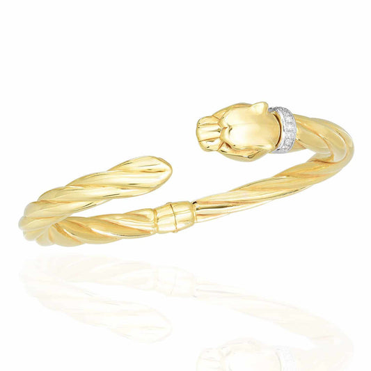 0.10Ct Real Diamond 14K Yellow Gold Panther Cuff Bangle Bracelet