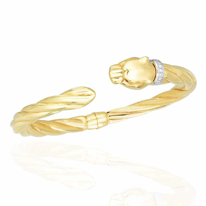 0.10CTW Natural Diamond 14K Yellow Gold Panther Cuff Bangle Bracelet (Hollow) 6.5"