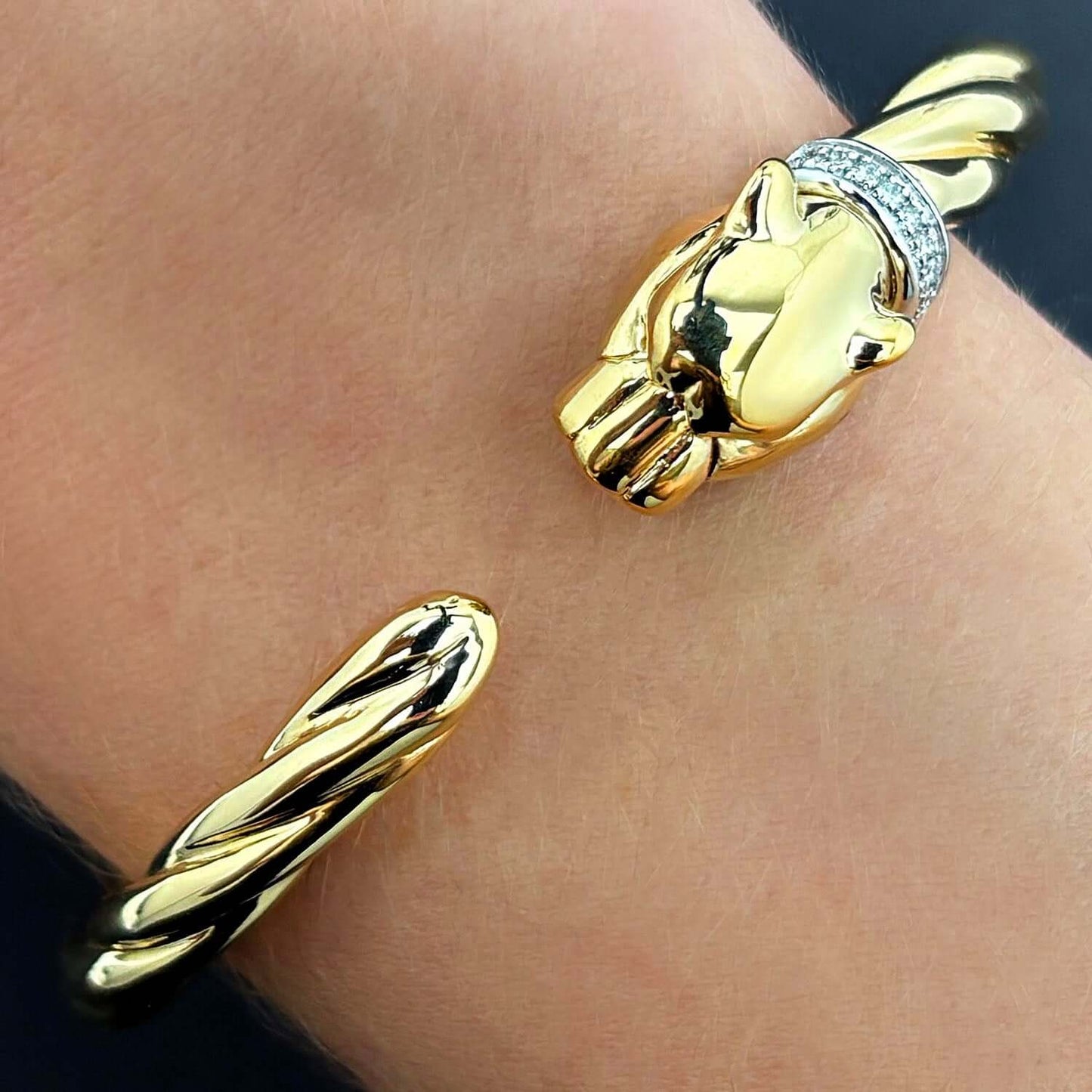 0.10CTW Natural Diamond 14K Yellow Gold Panther Cuff Bangle Bracelet (Hollow) 6.5"