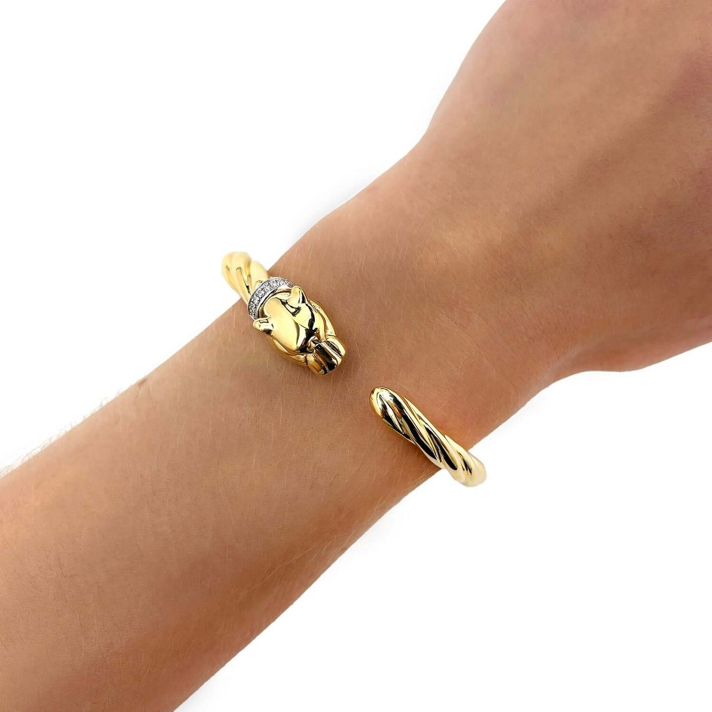 0.10CTW Natural Diamond 14K Yellow Gold Panther Cuff Bangle Bracelet (Hollow) 6.5"