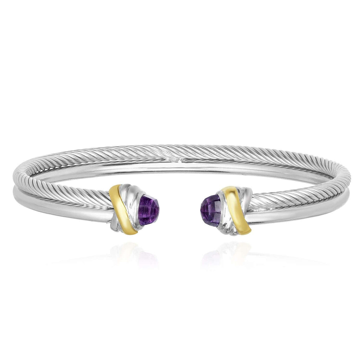 18K Yellow Gold Over Sterling Silver Double-Strand Twisted Cable Gemstone Italian Bangle (Hollow)