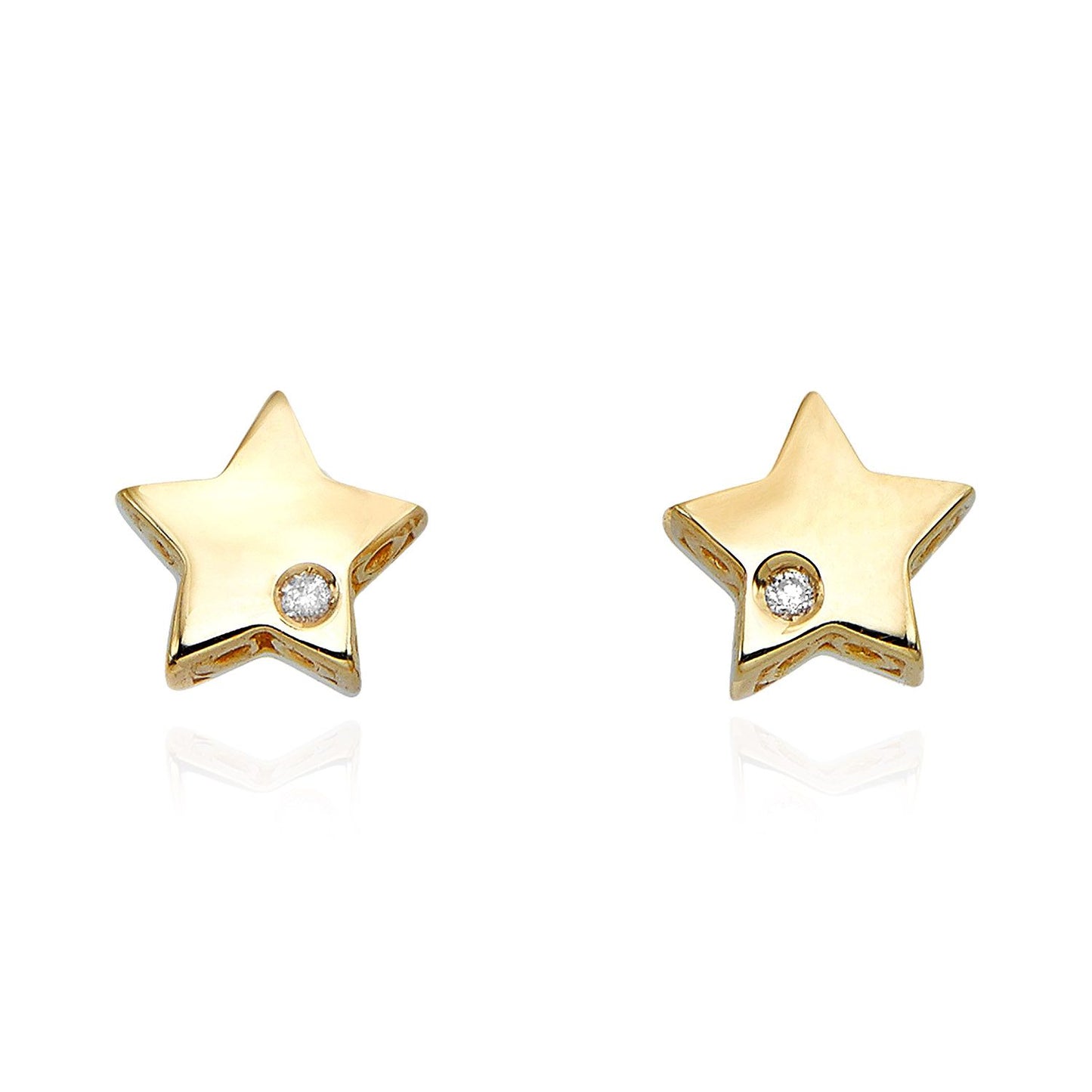 14K Yellow Gold 0.01Ct Real Diamond 6.5mm Star Push Back Stud Earrings