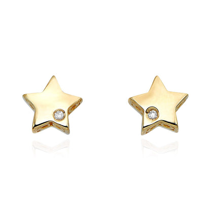 14K Yellow Gold 0.01Ct Real Diamond 6.5mm Star Push Back Stud Earrings