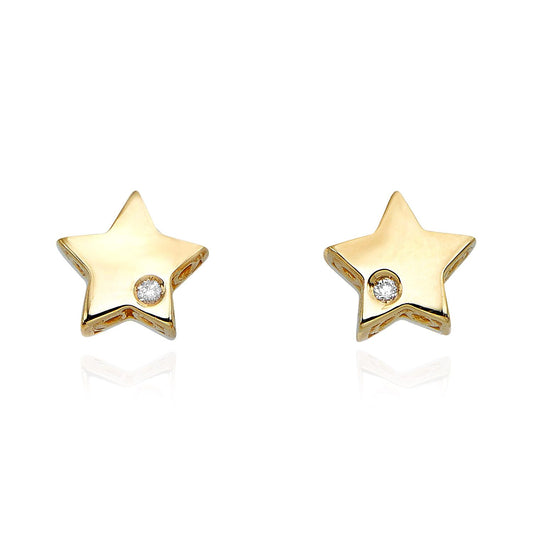 14K Yellow Gold 0.01Ct Real Diamond 6.5mm Star Push Back Stud Earrings