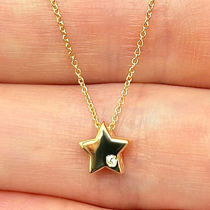 14K Yellow Gold .05Ct Natural Diamond 6.5mm Star Charm Necklace 18"
