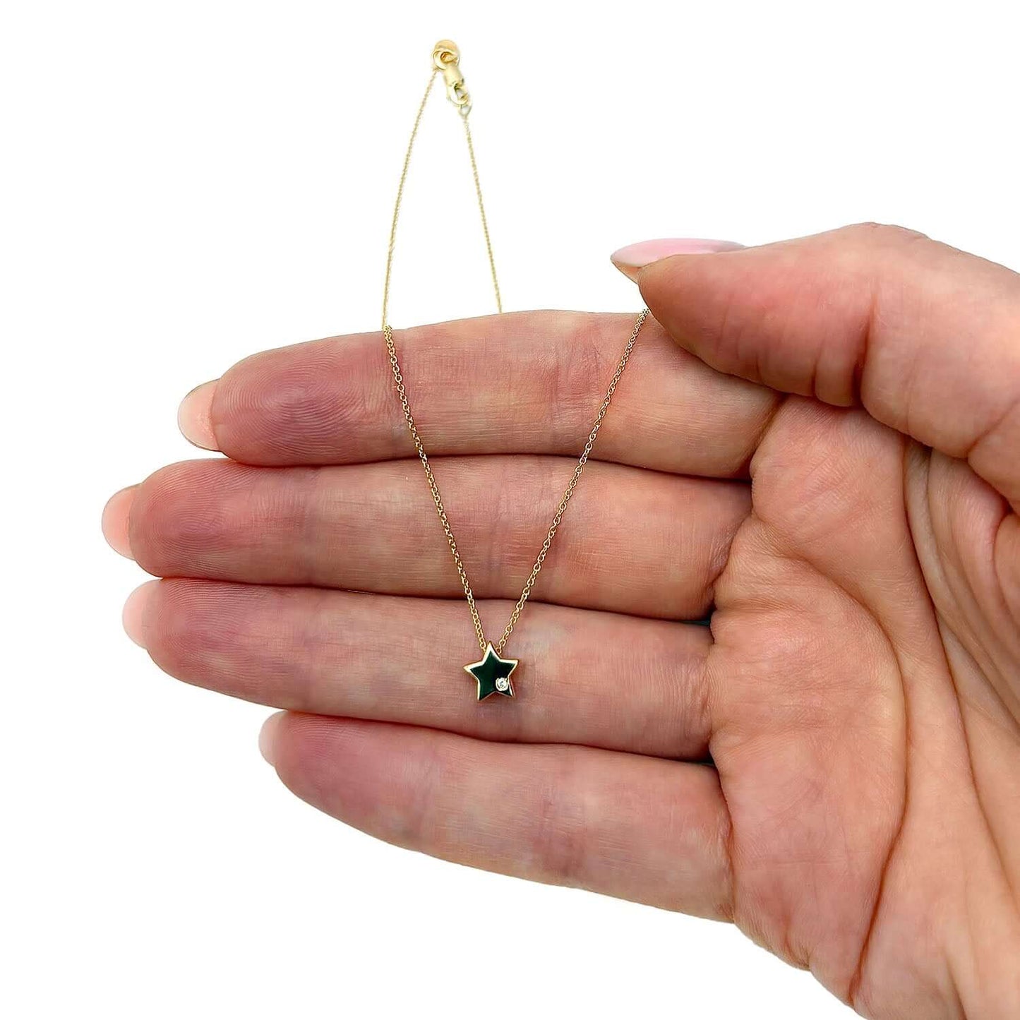 14K Yellow Gold .05Ct Natural Diamond 6.5mm Star Charm Necklace 18"