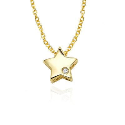 0.05CT Natural Diamond 14K Yellow Gold 6.5mm Star Charm Necklace (Solid Links) 18"