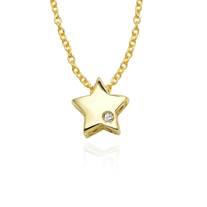 0.05CT Natural Diamond 14K Yellow Gold 6.5mm Star Charm Necklace (Solid Links) 18"