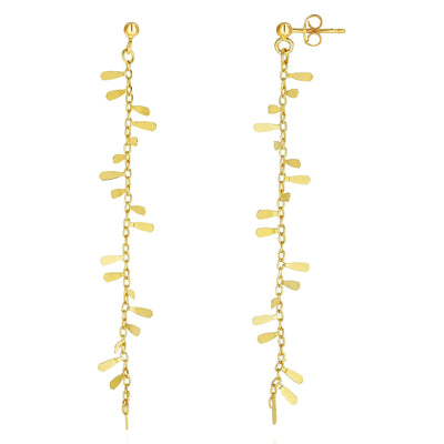 14K Yellow Gold Cable Chain Leaf Drop Down Earrings 2.9"