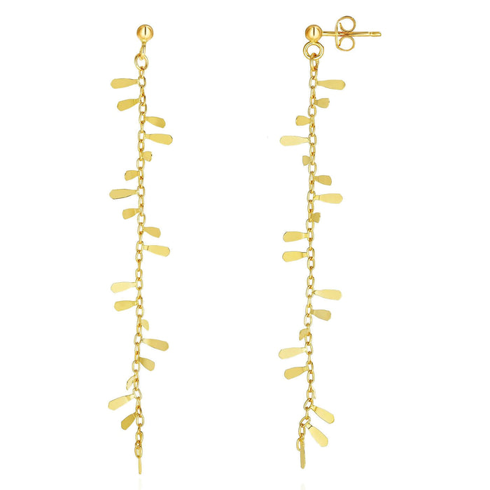 14K Yellow Gold Cable Chain Leaf Drop Down Earrings 2.9"