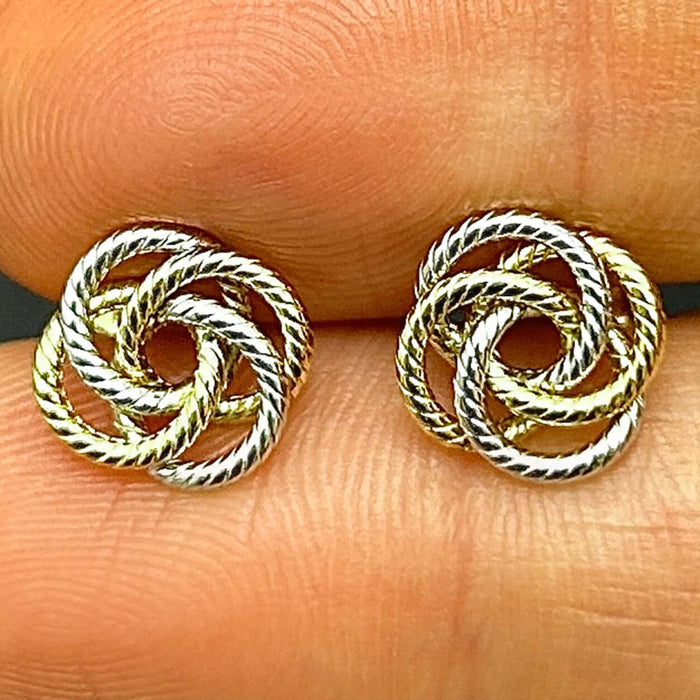 14K Yellow White Gold Two Tone Twisted Rope Infinity Knot Stud Earrings