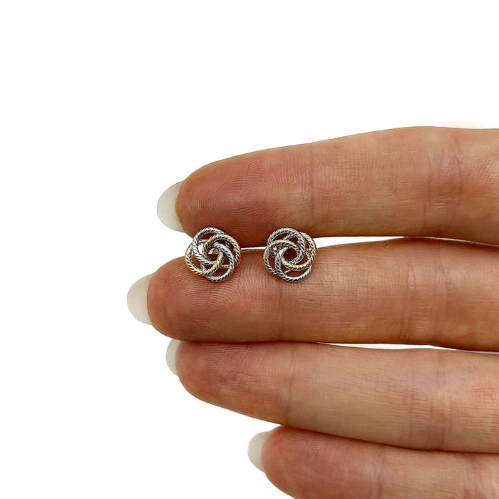 14K Yellow White Gold Two Tone Twisted Rope Infinity Knot Stud Earrings