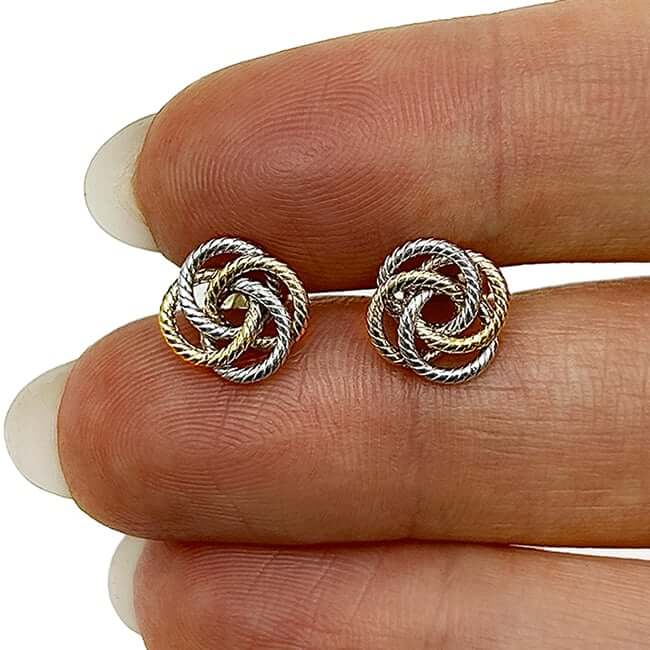 14K Yellow White Gold Two Tone Twisted Rope Infinity Knot Stud Earrings
