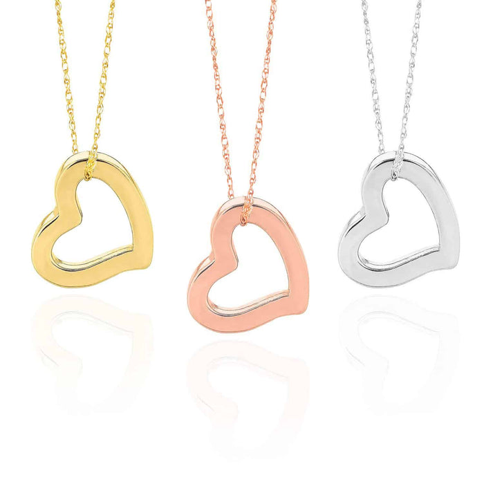 14K Gold Yellow, White, Rose Rope Open Heart Pendant with 18" Chain