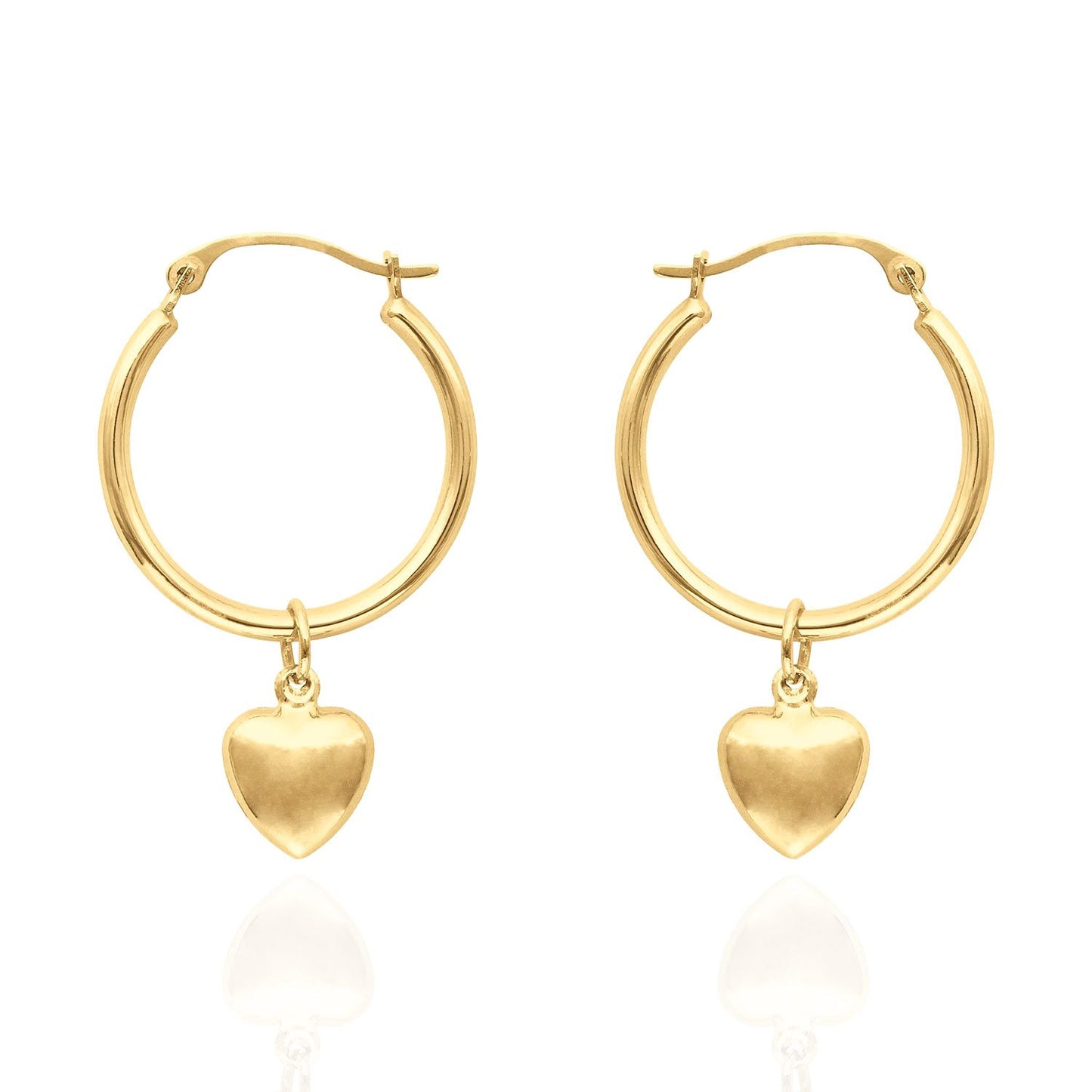 14K Yellow Gold Shiny Hoop With Small  Puff Heart Earrings