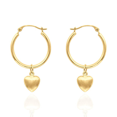 14K Yellow Gold Shiny Hoop With Small Puff Heart Earrings