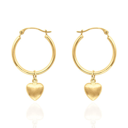 14K Yellow Gold Shiny Hoop With Small  Puff Heart Earrings