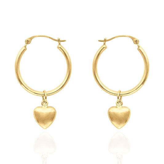 14K Yellow Gold Shiny Hoop With Small  Puff Heart Earrings