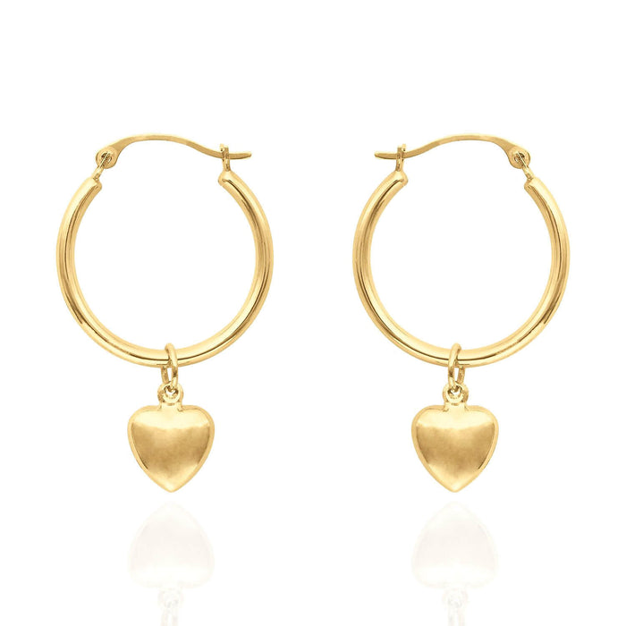 14K Yellow Gold Shiny Hoop With Small Puff Heart Earrings