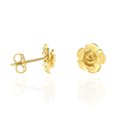 14K Yellow Gold 9.2mm Shiny Fancy Rose Bud Push Back Stud Earrings