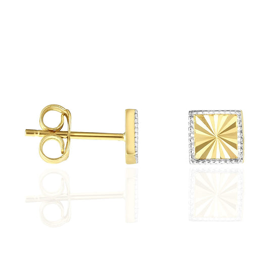 14K Yellow White Gold Diamond Cut Square Push Back Stud Earrings