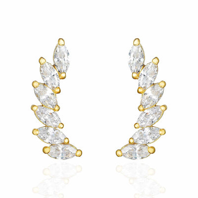 14K Yellow Gold 1.5CTW CZ 15mm Curved Climber Leaf Stud Earrings