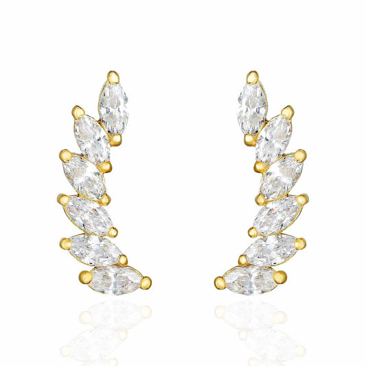14K Yellow Gold 1.5CTW CZ 15mm Curved Climber Leaf Stud Earrings