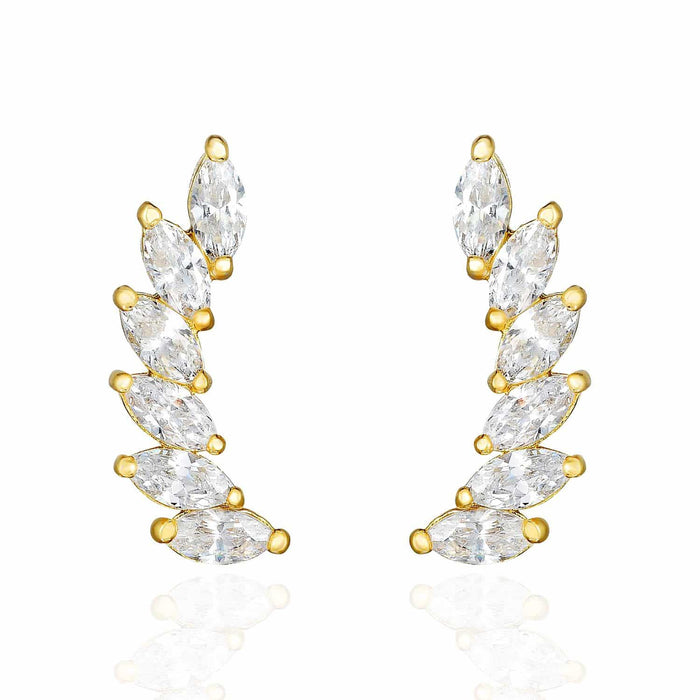 14K Yellow Gold 1.5CTW CZ 15mm Curved Climber Leaf Stud Earrings