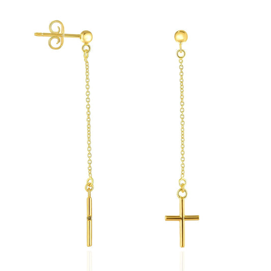 14K Real Gold 1.8" Cable  Chain Shiny Drop Cross Earrings