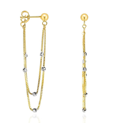 14K Yellow White Gold 48mm Box Diamond-Cut Beads Drop Push Back Earrings