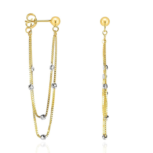 14K Yellow White Gold 48mm Box  Diamond Cut Beads Drop Push Back Earrings