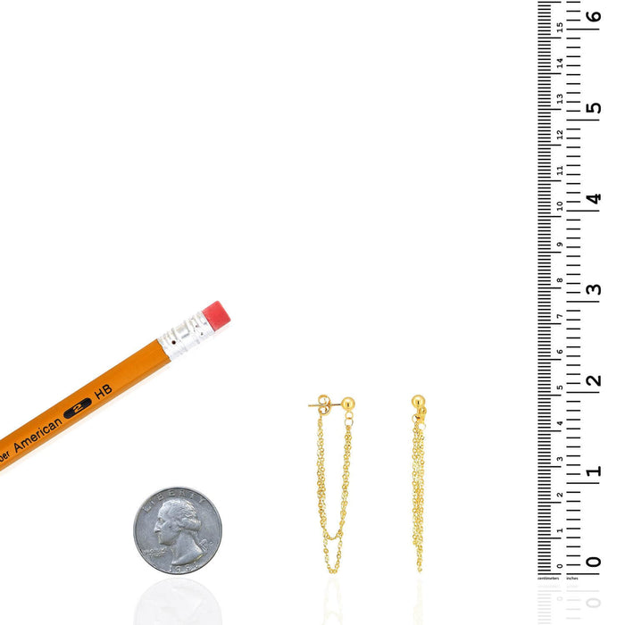 14K Yellow Gold Ball Diamond-Cut Cable Chain Push Back Drop Earrings 1.8"