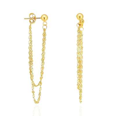 14K Yellow Gold Ball Diamond-Cut Cable Chain Push Back Drop Earrings 1.8"