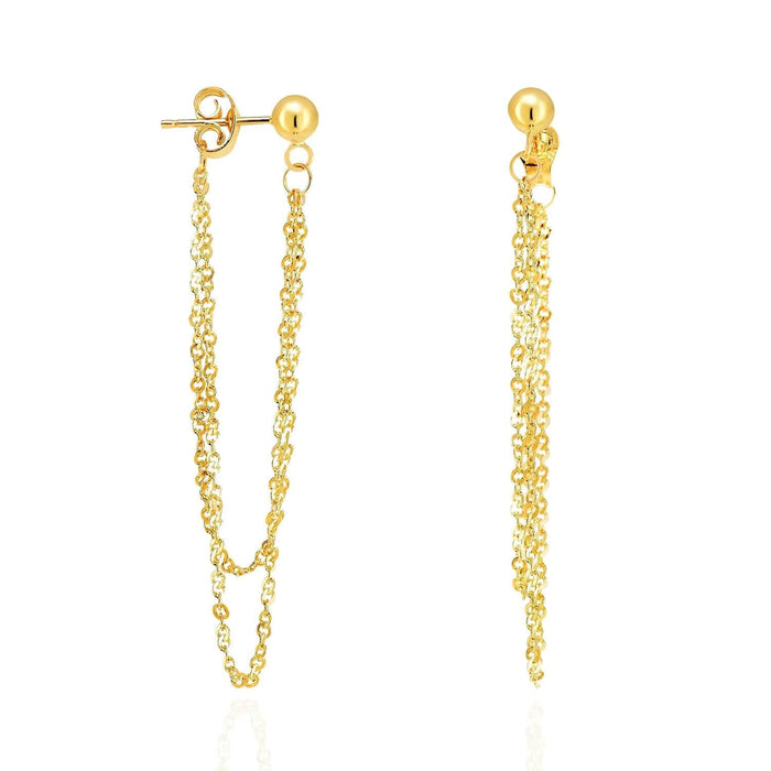 14K Yellow Gold Ball Diamond-Cut Cable Chain Push Back Drop Earrings 1.8"
