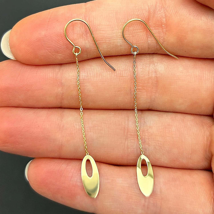 14K Yellow Gold Flat Graduated Oval Bead On Euro Wire Clasp Drop Earrings