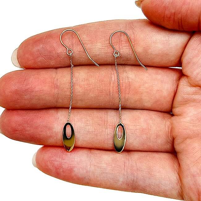 14K Yellow Gold Flat Graduated Oval Bead On Euro Wire Clasp Drop Earrings