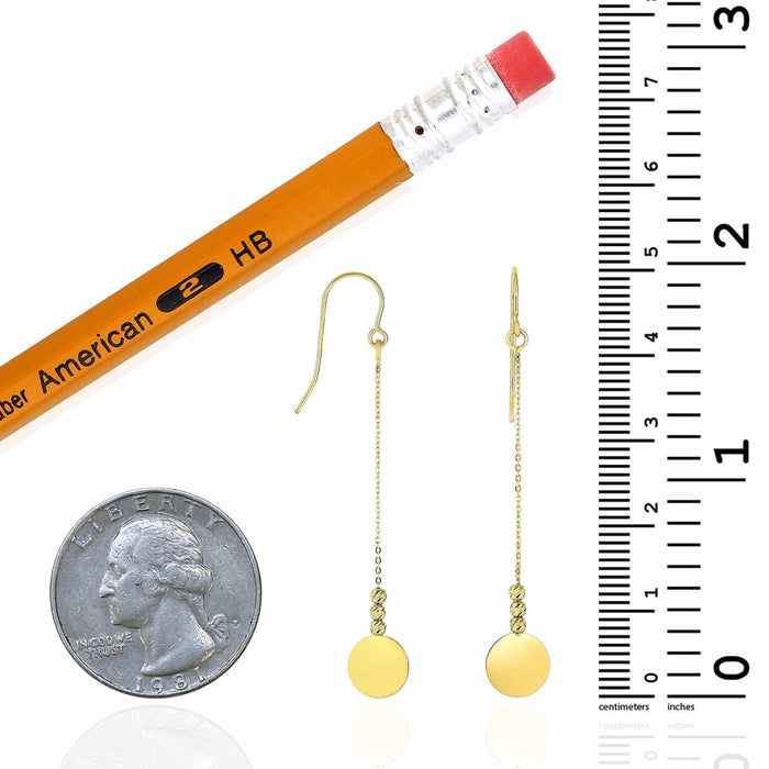 14K Yellow Gold Diamond-Cut Bead Flat Shiny Disc Drop Earrings Euro Wire Clasp
