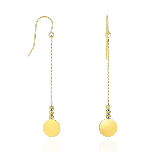 14K Yellow Gold Diamond Cut Bead Flat Shiny Disc Drop Earrings Euro Wire Clasp