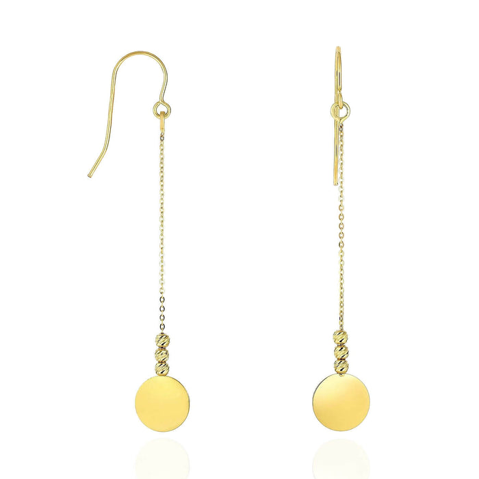 14K Yellow Gold Diamond-Cut Bead Flat Shiny Disc Drop Earrings Euro Wire Clasp