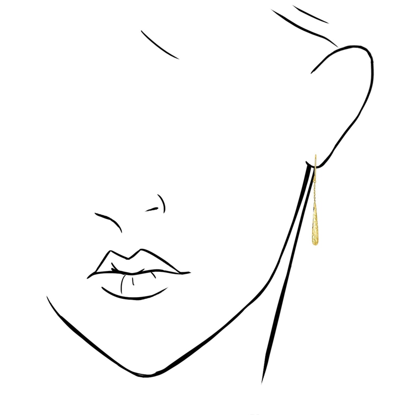 14K Yellow Gold Diamond Cut Long Teardrop Cable Chain Euro Hook Drop Earrings