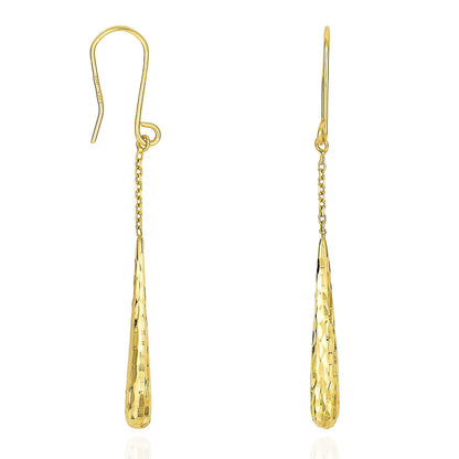 14K Yellow Gold Diamond Cut Long Teardrop Cable Chain Euro Hook Drop Earrings
