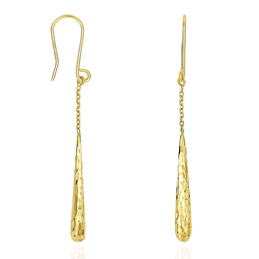 14K Yellow Gold Diamond Cut Long Teardrop Cable Chain Euro Hook Drop Earrings