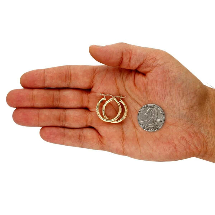 14K Solid Yellow & White Gold 3mm Diamond-Cut Finish Hoop Earrings 19-75mm