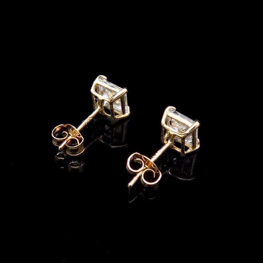 1Ct CZ 14K Solid Yellow Gold Princess Cut Pushback Stud Earrings