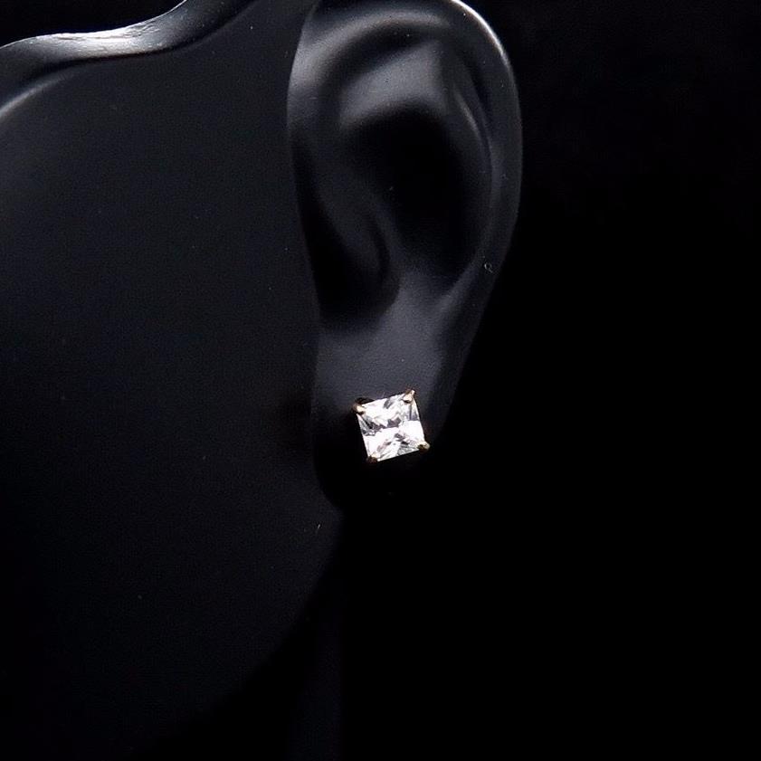 1Ct CZ 14K Solid Yellow Gold Princess Cut Pushback Stud Earrings
