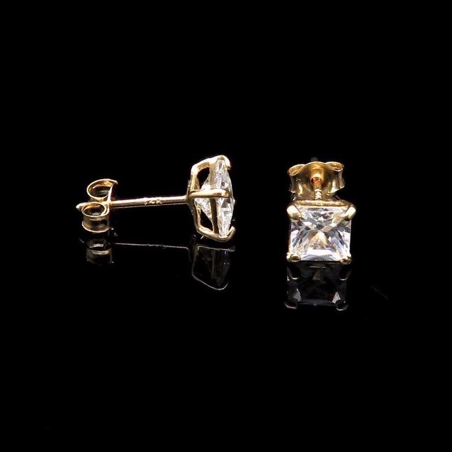 1Ct CZ 14K Solid Yellow Gold Princess Cut Pushback Stud Earrings