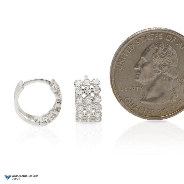 14K White Gold 1Ct CZ 3 Row Huggie Hoop Earrings 13mm